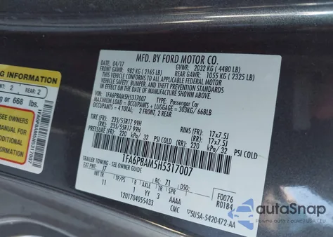 2017 Ford Mustang V6 z USA, uszkodzony, nr VIN 1FA6P8AM5H5317007